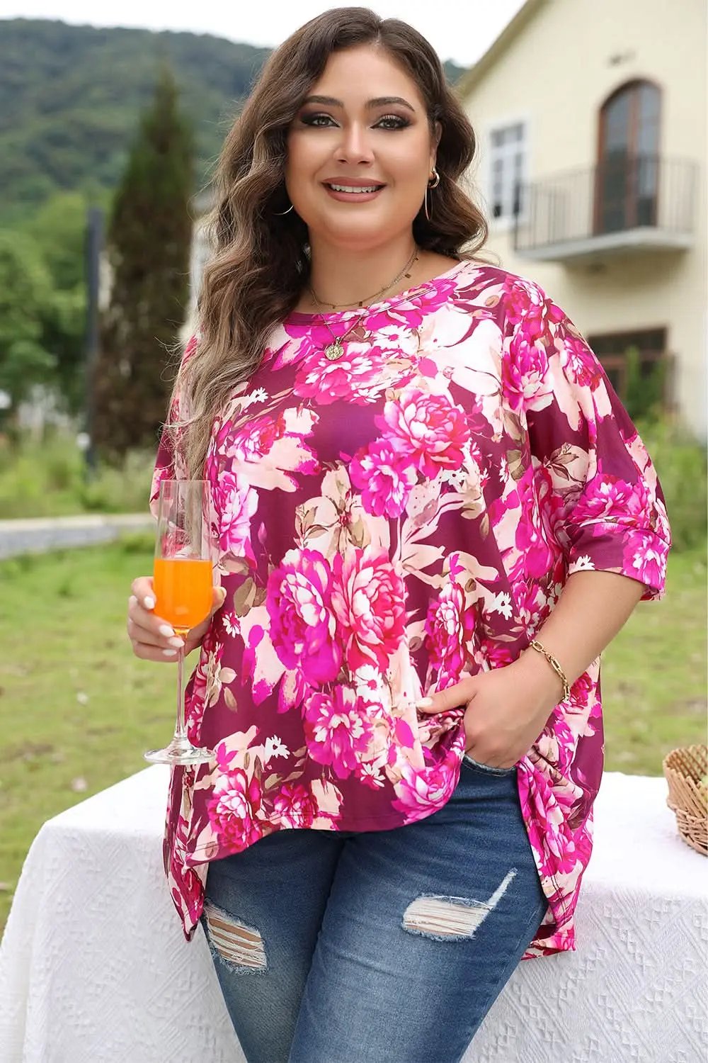 Vibrant red floral plus size blouse - Love Salve